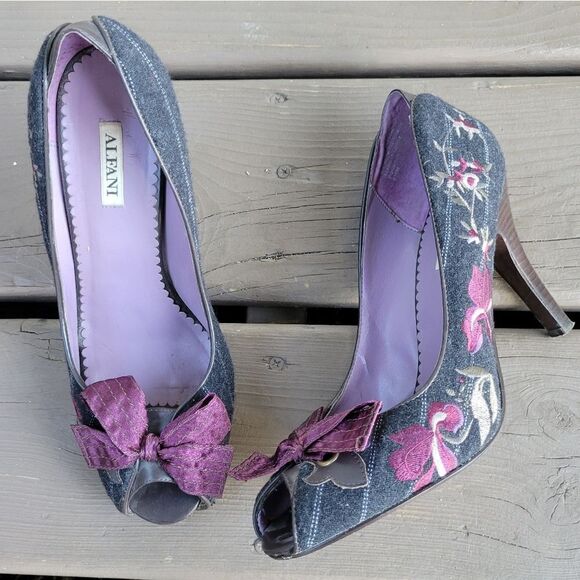 Vintage 90s y2k Floral Embroidered Pinstripe Bow Stiletto Lolita Girlie Heels - Picture 1 of 8
